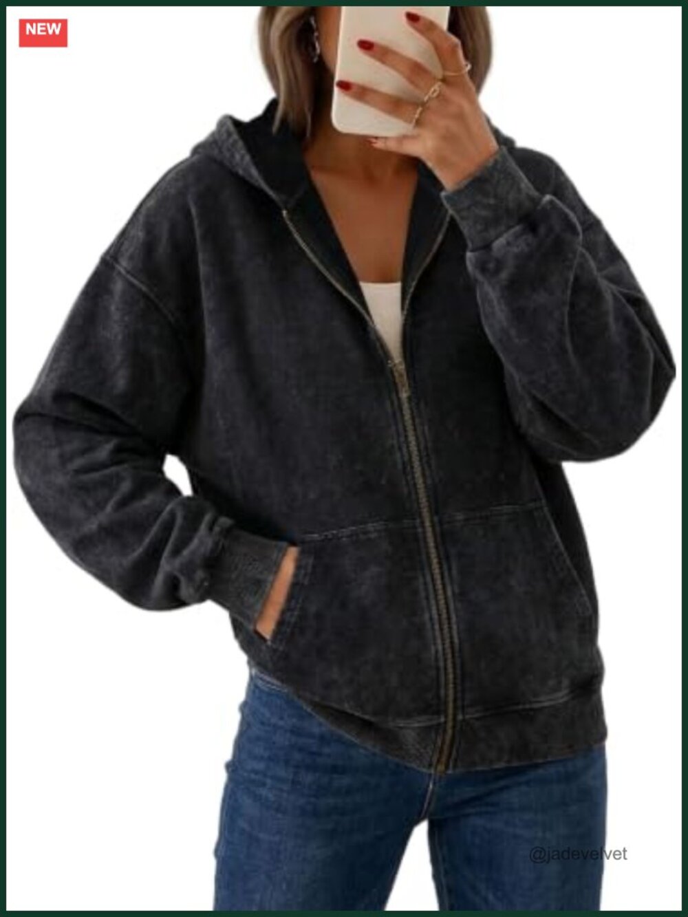 Oversized Full Zip Up Hoodie Wash Out Women's Sweatshirt Cotton Polyester